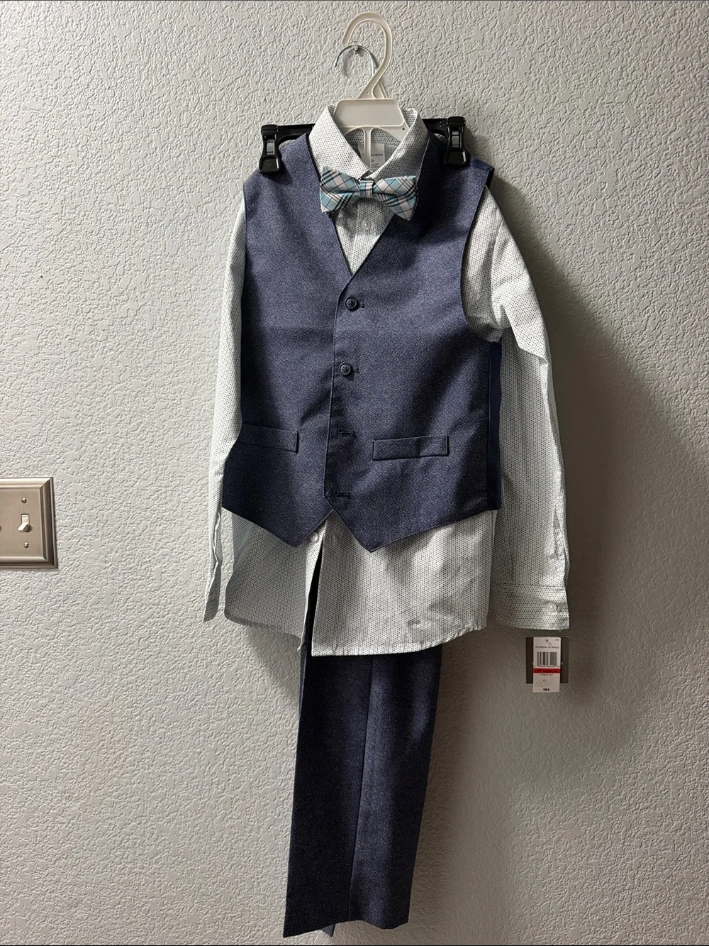 Boys Navy Vest Suit Set with Light Blue Shirt and Plaid Bow Tie